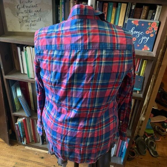 J Crew red tartan plaid business casual XS button down shirt - Picture 2 of 3